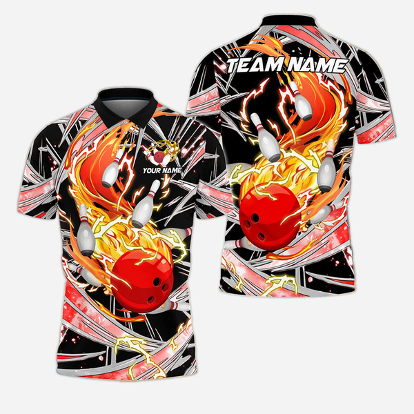 Bowling And Pins Flame Personalized Men Women Polo Shirt Custom Bowling Team Jersey