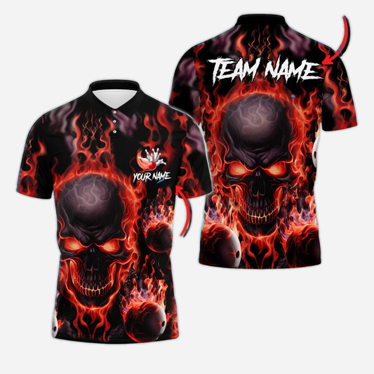 Bowling And Pins Skull Flame Personalized Men Women Polo Shirt Custom Bowling Team Jersey