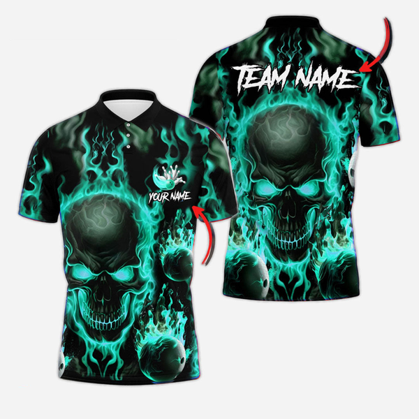 Bowling And Pins Skull Flame Personalized Men Women Polo Shirt Custom Bowling Team Jersey