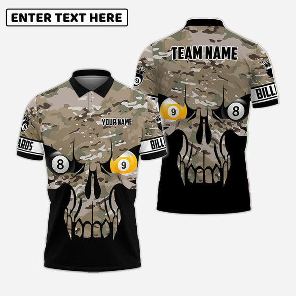 Billiards Skull Camo 8 Ball 9 Ball Personalized Men Women Polo Shirt Custom Billiard Team Jersey