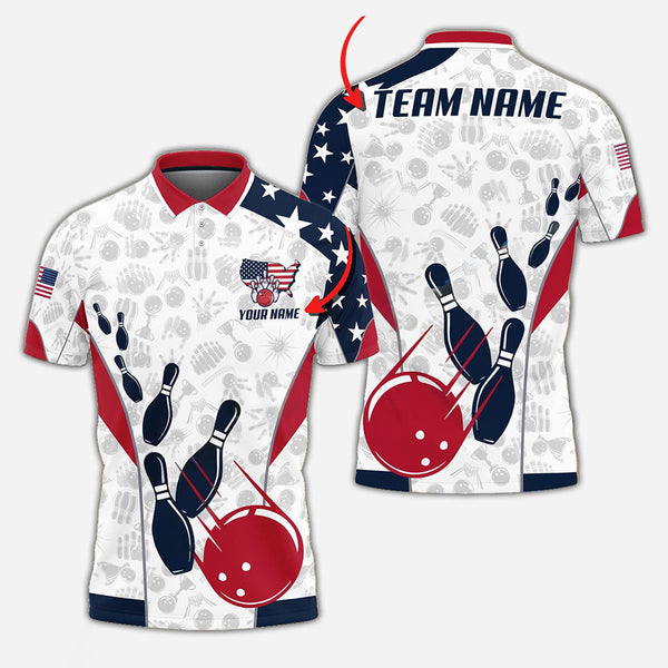 Personalized Bowling US Flag Men Women Polo Shirt Custom Name Bowling Team Jersey