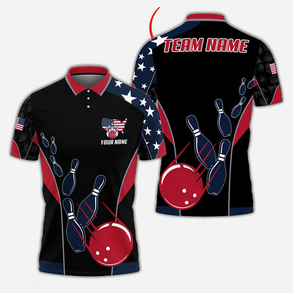 Personalized Bowling US Flag Men Women Polo Shirt Custom Name Bowling Team Jersey
